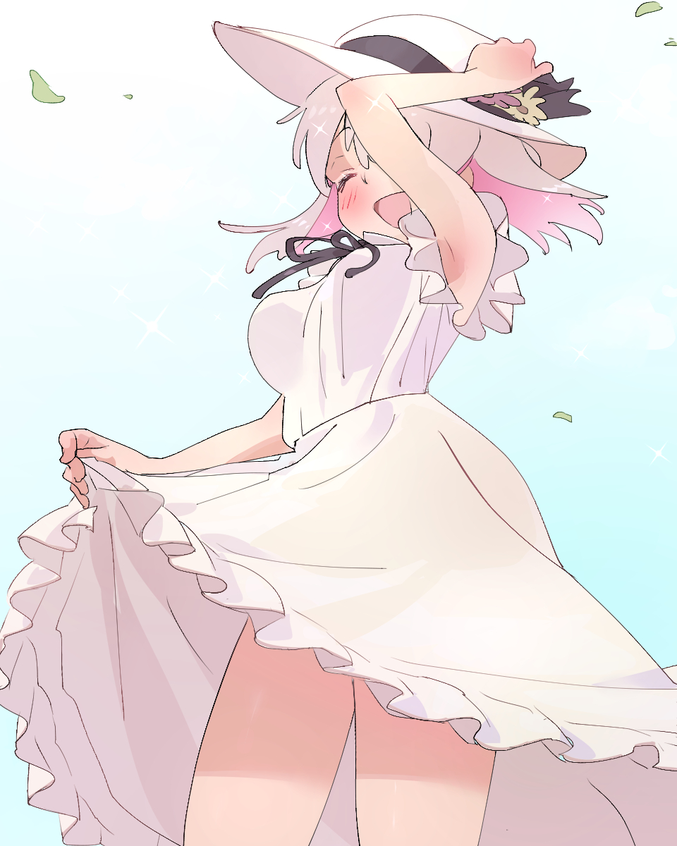 1girl :d ^_^ arm_up armpits bare_arms bare_legs blush breasts closed_eyes colored_inner_hair commentary cosplay dress flower grey_hair hand_on_headwear happy hat hat_flower highres kyarahiba leaf medium_breasts multicolored_hair onii-chan_wa_oshimai! open_mouth oyama_mahiro oyama_mahiro_(cosplay) oyama_matsuri pink_hair short_hair simple_background skirt_hold sleeveless sleeveless_dress smile solo sun_hat thighs white_dress white_hat