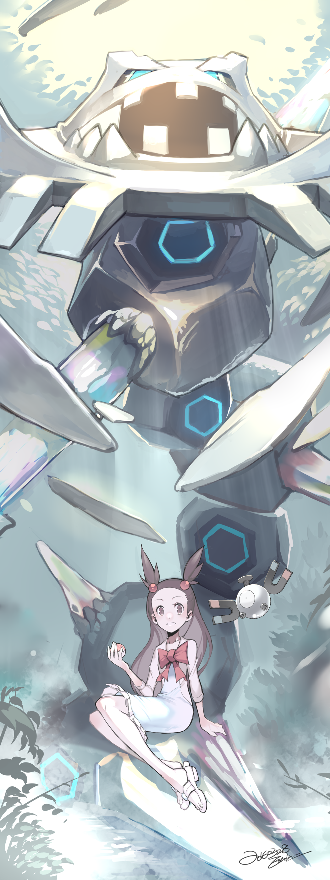 00s 1girl absurdres brown_hair crystal e_volution gen_1_pokemon gen_2_pokemon gym_leader highres jasmine_(pokemon) long_hair magnemite mega_pokemon mega_steelix nintendo npc_trainer poke_ball pokemon pokemon_(creature) pokemon_hgss smile steelix twintails two_side_up