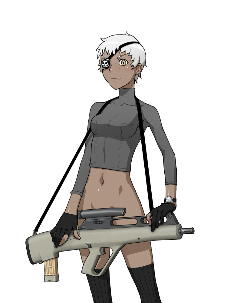 1girl advanced_combat_rifle_(military_program) advanced_individual_weapon_system_(military_program) advanced_infantry_weapon_system_(military_program) assault_rifle birdcage_flash_hider black_gloves black_thighhighs bottomless breasts bullpup burst_fire_gun burst_fire_rifle censored closed_mouth convenient_censoring covered_collarbone dark-skinned_female dark_skin double-stack_magazine double-stack_single-feed_magazine eyebrows eyepatch feet_out_of_frame female_focus freckles gloves gun gun_sling holding holding_weapon image_sample lightning_holes looking_at_viewer magazine_(weapon) military_program momo_tai muzzle_device navel needlegun no_panties original pixiv_sample prototype prototype_design rifle scope shiny_skin short_hair sight_(weapon) simple_background single-feed_magazine small_breasts smile solo standing steyr_acr steyr_arms telescopic_sight thighhighs translucent turtleneck very_short_hair watch weapon white_background white_hair wristwatch yellow_eyes