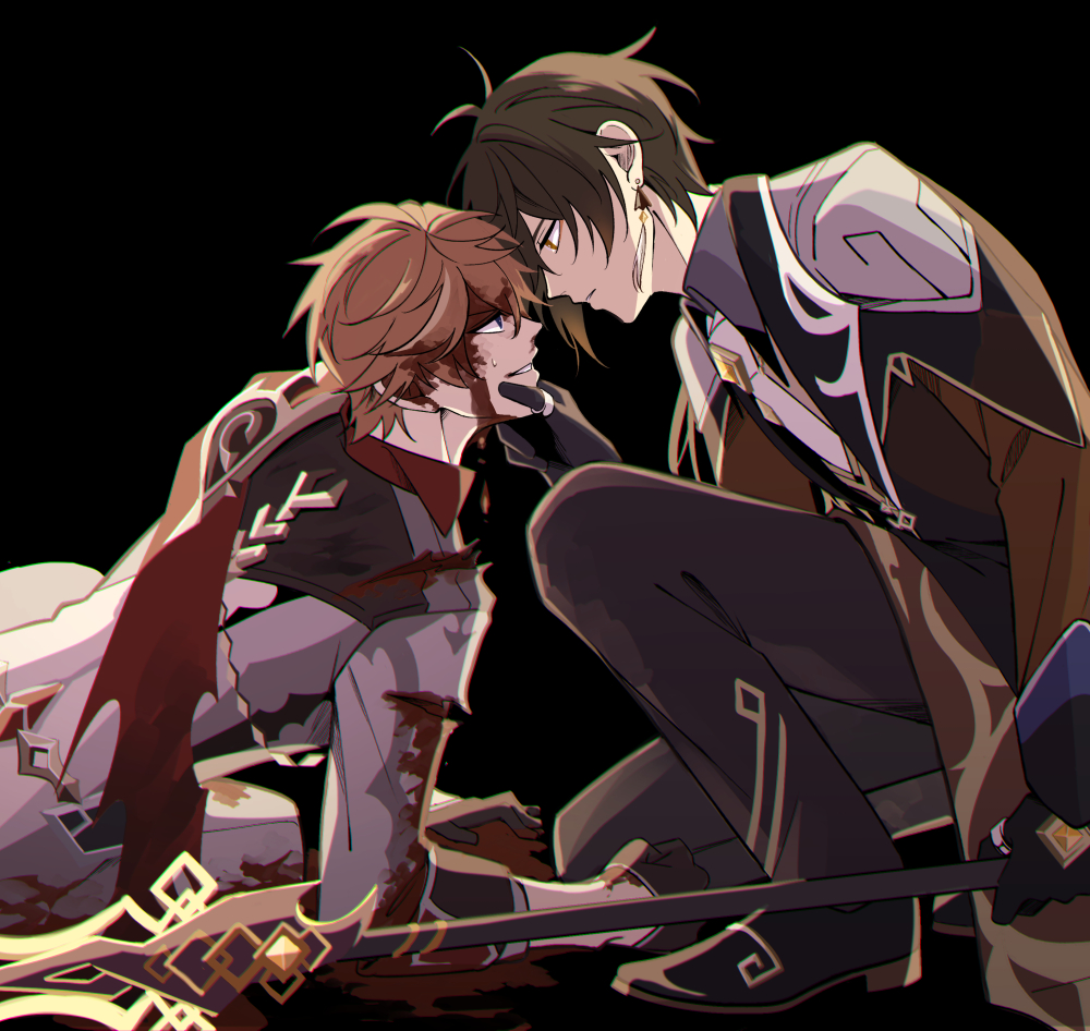 2boys black_background blood blood_on_face genshin_impact hand_on_another&#039;s_chin hand_on_another&#039;s_face kukuuta looking_at_another multiple_boys tartaglia_(genshin_impact) vortex_vanquisher_(genshin_impact) yaoi zhongli_(genshin_impact)