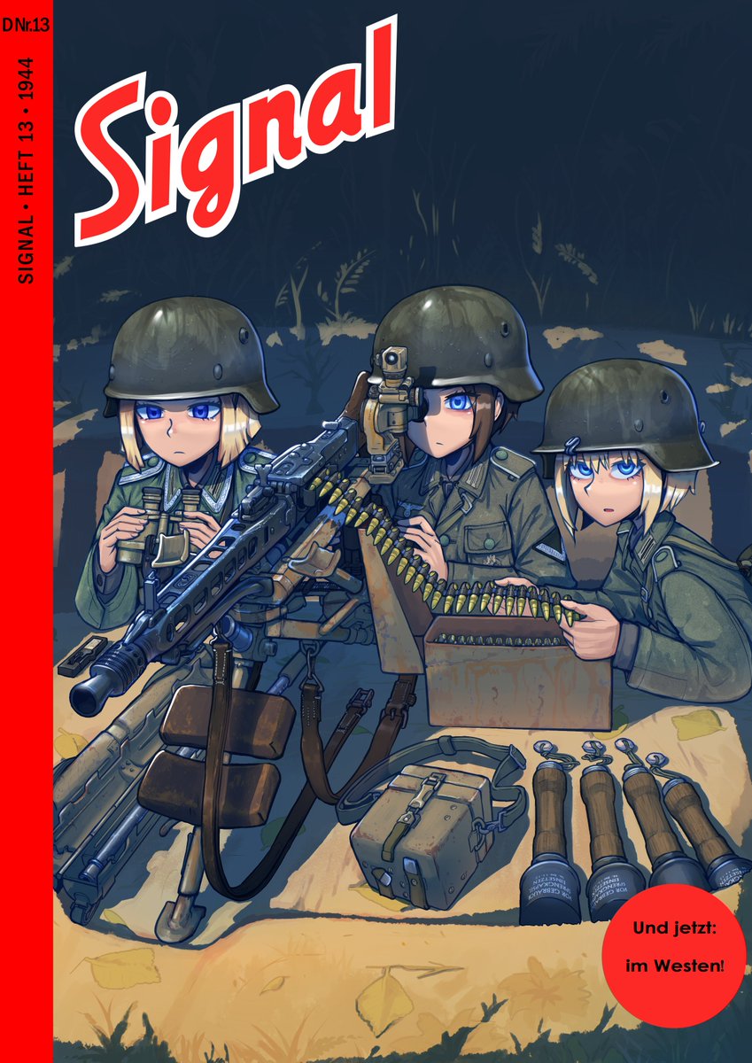 ammunition ammunition_belt blonde_hair combat_helmet erica_(naze1940) explosive fake_magazine_cover grenade gun helmet highres holding holding_weapon long_hair machine_gun magazine_(weapon) magazine_cover mg42 military military_uniform original range_finder rifle short_hair stielhandgranate weapon