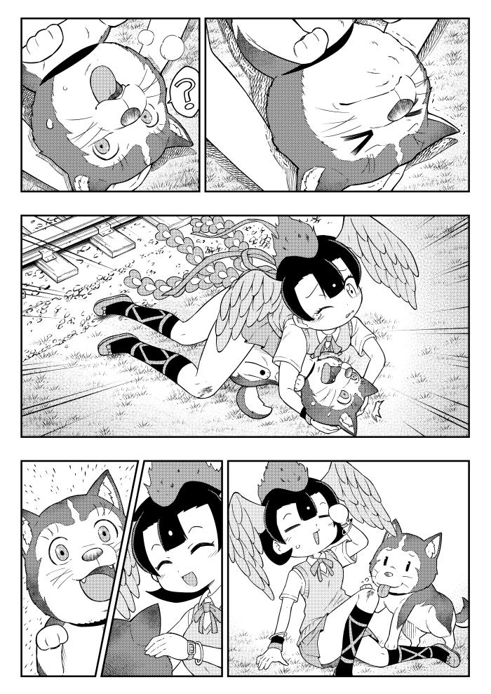 &gt;_&lt; &gt;_o 1girl ? ^_^ animal bird_girl bird_tail bird_wings blood closed_eyes comic dog emphasis_lines furrowed_brow greyscale happy head_wings hi_no_tori hi_no_tori_(kemono_friends) injury kemono_friends monochrome one_eye_closed shirt silent_comic skirt smile spoken_question_mark sweater_vest tail wings yamaguchi_sapuri