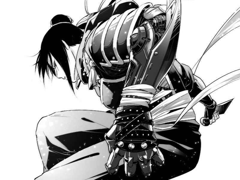 1girl arm_blade armor automail breasts feet_out_of_frame from_side fullmetal_alchemist greyscale hair_bun holding holding_weapon kunai lan_fan light_particles long_sleeves looking_at_viewer mechanical_arms monochrome outstretched_arm pants po_(poppa-pict) profile prosthesis prosthetic_arm sash scarf shoulder_armor sidelocks sideways_glance simple_background single_hair_bun single_mechanical_arm solo updo weapon