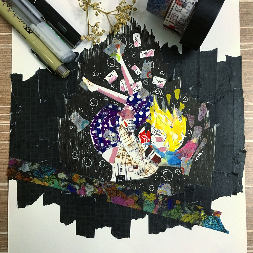 1girl abstract air_bubble art_tools_in_frame artist_name barefoot black_background blonde_hair bubble cathinthecloud closed_eyes closed_mouth commentary english_commentary envelope hugging_own_legs long_sleeves masking_tape_(medium) medium_hair medium_skirt mixed_media neckerchief original pen pen_(medium) photo_(medium) polka_dot polka_dot_skirt purple_skirt red_neckerchief shirt skirt solo traditional_media unconventional_media washi_tape_(object) white_shirt
