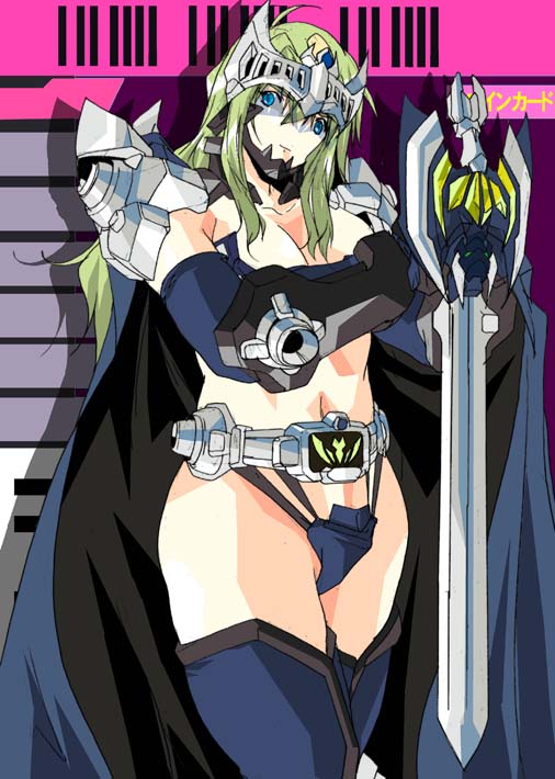armor belt bikini bikini_armor bikini_bottom_only blonde_hair blue_eyes bracer breastplate breasts cape card card_background crest curvy elbow_gloves gauntlets gloves green_hair headpiece kamen_rider kamen_rider_knight kamen_rider_ryuki_(series) long_hair rider-tan shoulder_pads swimsuit sword thick_thighs thighhighs thighs visor weapon