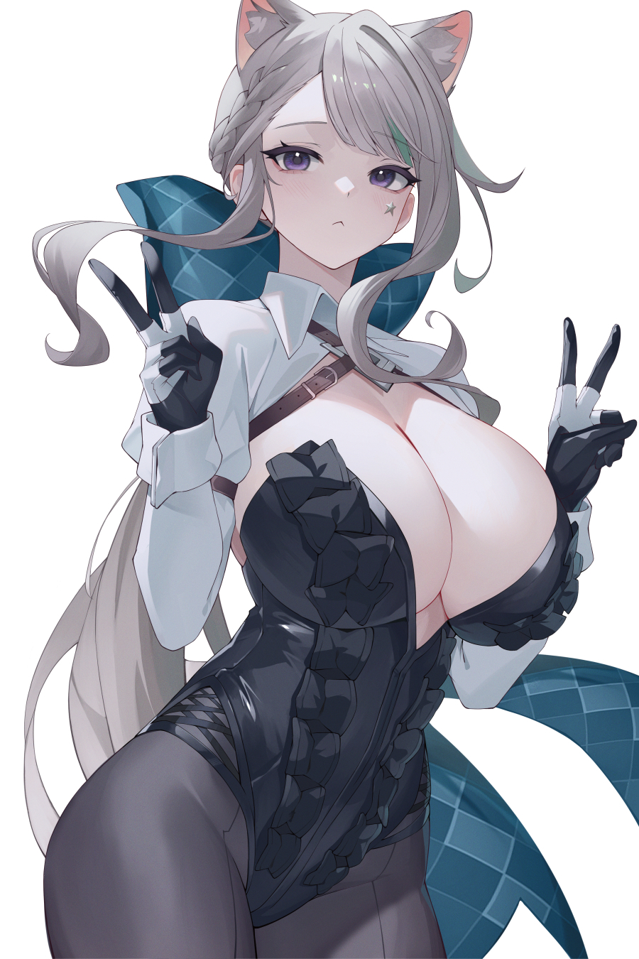 1girl alternate_breast_size animal_ears argyle black_gloves black_leotard blush bow braid breasts cat_ears cat_girl cleavage covered_navel double_v facial_mark genshin_impact gloves green_bow grey_hair grey_pantyhose highres kaneko_(bblogtinhan) large_breasts leotard long_hair looking_at_viewer lynette_(genshin_impact) pantyhose ponytail purple_eyes shrug_(clothing) sidelocks solo star_(symbol) star_facial_mark swept_bangs two-tone_gloves v white_gloves wing_collar