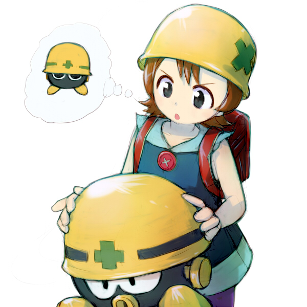 1girl aero_(kaji_hayato) aero_(mega_man) alchera dress helmet mega_man_(classic) mega_man_(series) mega_man_legends_(series) mega_man_legends_3 met_(mega_man) open_mouth short_hair simple_background white_background