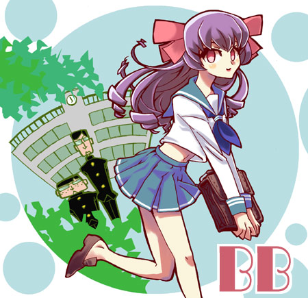 aged_down bb_(legendz) j1_(legendz) j2_(legendz) legendz long_hair looking_at_viewer lowres purple_hair school_uniform skirt