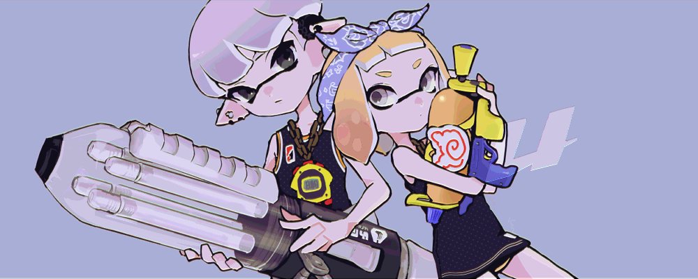 1boy 1girl ballpoint_splatling_(splatoon) bandana baseball_jersey black_eyes blonde_hair blue_background blue_bandana commentary earrings grey_eyes grey_hair holding imaikuy0 inkling inkling_boy inkling_girl inkling_player_character jersey jewelry multiple_earrings nintendo pointy_ears short_hair splatoon_(series) splattershot_(splatoon) super_soaker symbol-only_commentary tentacle_hair
