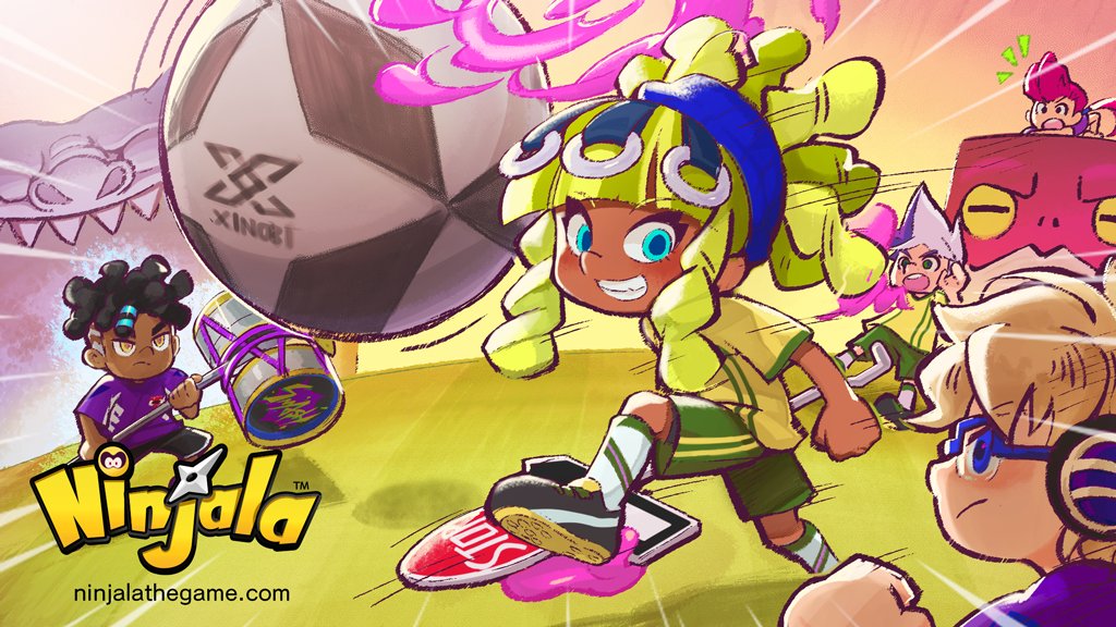 2girls 3boys aqua_eyes ball berecca big_hair black_eyes black_shoes blonde_hair blue-framed_eyewear blue_eyes blue_hairband blue_pupils blue_shirt blue_sleeves blunt_bangs blush burton_(ninjala) chewing_gum cleats clenched_teeth colored_sclera commentary copyright_name copyright_notice creature dreadlocks drum_beat_(ninjala) emma_(ninjala) english_commentary fluffy_hair frown glasses grass green_outline green_shorts green_trim grin gungho hair_tie hairband half_updo hammer headphones holding holding_hammer holding_pole kinky_hair kneehighs logo long_hair long_sidelocks looking_at_another multicolored_hair multiple_boys multiple_girls ninjala nose notice_lines official_art one_way_sign open_mouth outdoors outline pink_outline playing_sports pole pompadour ponytail purple_hair purple_outline rianti-wong road_sign ron_(ninjala) scrap_saber_(ninjala) second-party_source semi-rimless_eyewear shadow shirt shoes shorts shouting shuriken sidelocks sign smile soccer soccer_ball soccer_uniform socks sportswear stop_sign streaked_hair striped_clothes striped_shirt teeth undercut upper_teeth_only v-shaped_eyebrows v-shaped_eyes van_(ninjala) very_long_hair watermark weapon web_address white_hair white_socks yellow_eyes yellow_pupils yellow_sclera yellow_shirt yellow_sleeves