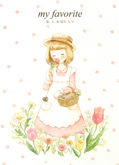 1girl apron bilingual_text boater_hat bob_cut brown_headwear collared_dress commentary_request daisy_(flower) dress english_text flower flower_basket flower_symbol flower_to_mouth holding holding_flower leaf light_brown_hair long_sleeves mixed-language_text orange_flower original partial_commentary pink_dress pink_flower pink_tulip pocket red_flower red_tulip scissors sleeve_cuffs solo standing tokoyu tulip white_apron white_background yellow_flower yellow_tulip