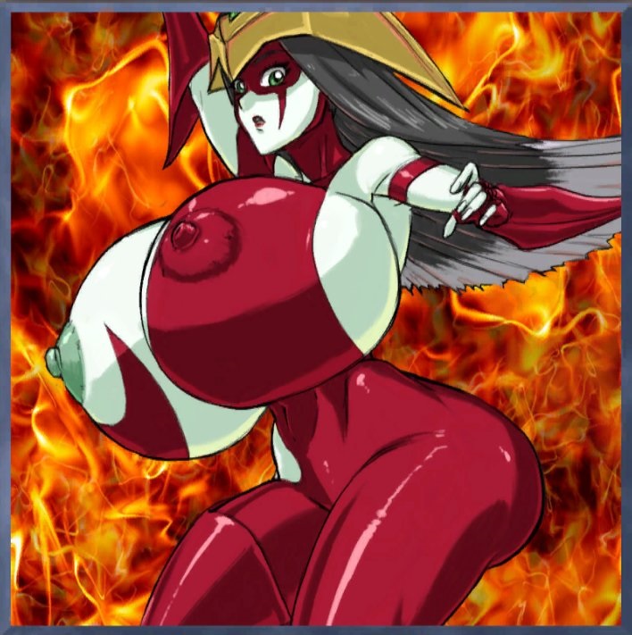1girl ass bodysuit breasts colored_skin duel_monster elemental_hero_burstinatrix game_mod gigantic_breasts grey_skin huge_ass large_areolae large_nipples long_hair looking_at_viewer mod nipples rochestedorm thick_thighs thighs tight_clothes wide_hips yu-gi-oh! yu-gi-oh!_duel_links