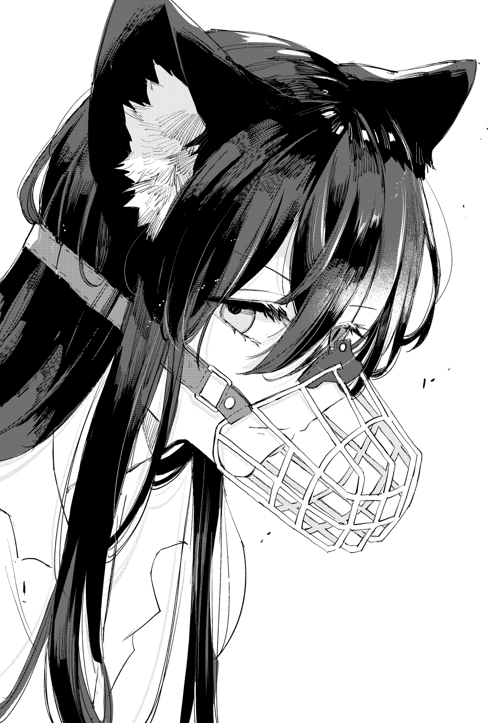 1girl animal_ears closed_mouth expressionless highres mito_(go!go!king!) monochrome muzzle_(mask) original solo white_background