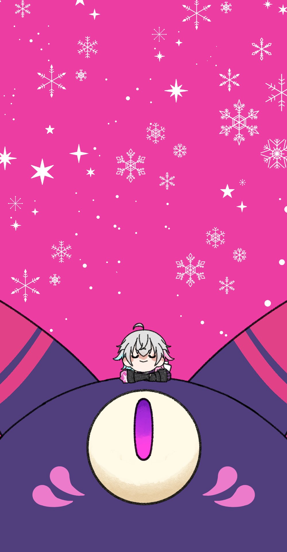 1boy ahoge alternate_size blue_hair closed_eyes creature gavis_bettel grey_hair hair_between_eyes highres holostars holostars_english looking_at_another multicolored_hair nynna_n on_animal one-eyed phantom_(gavis_bettel) pink_background pink_hair purple_eyes smile snowflakes snowing star_(symbol) virtual_youtuber winter