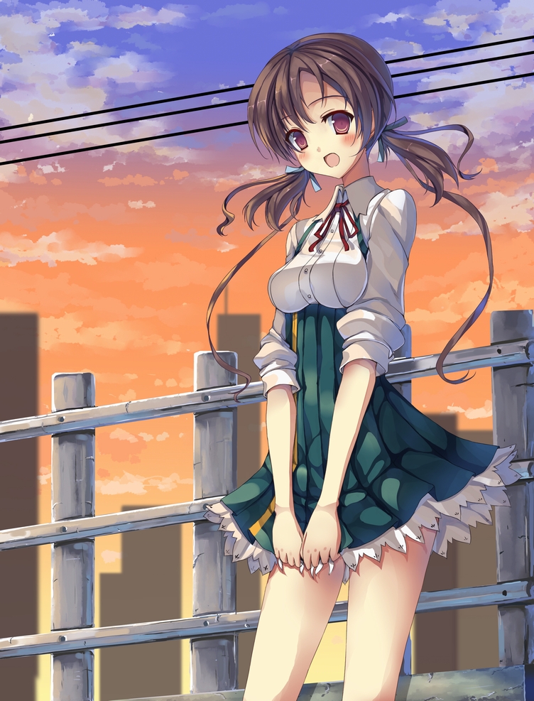 10s 1girl aomi_isara brown_eyes brown_hair ebicha female_focus koi_to_senkyo_to_chocolate open_mouth school_uniform skirt sleeves_pushed_up solo twintails