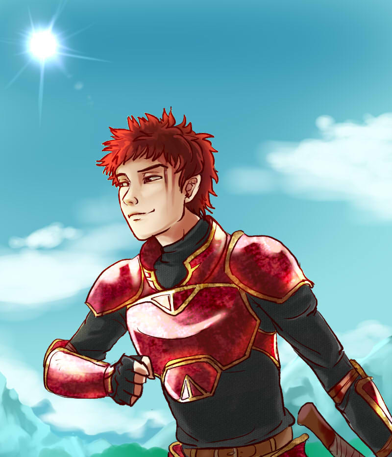 1boy armor blood blood_on_face cossus day fire_emblem fire_emblem:_path_of_radiance gauntlets gloves kieran_(fire_emblem) male_focus nintendo red_armor red_eyes red_hair sky solo