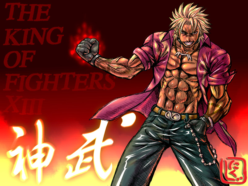 1boy abs belt blonde_hair blue_eyes chain clenched_hand denim gloves hand_in_pocket hawaiian_shirt jeans jewelry male_focus muscular necklace nikuji-kun open_clothes open_shirt pants shen_woo shirt sleeves_rolled_up snk solo tattoo the_king_of_fighters