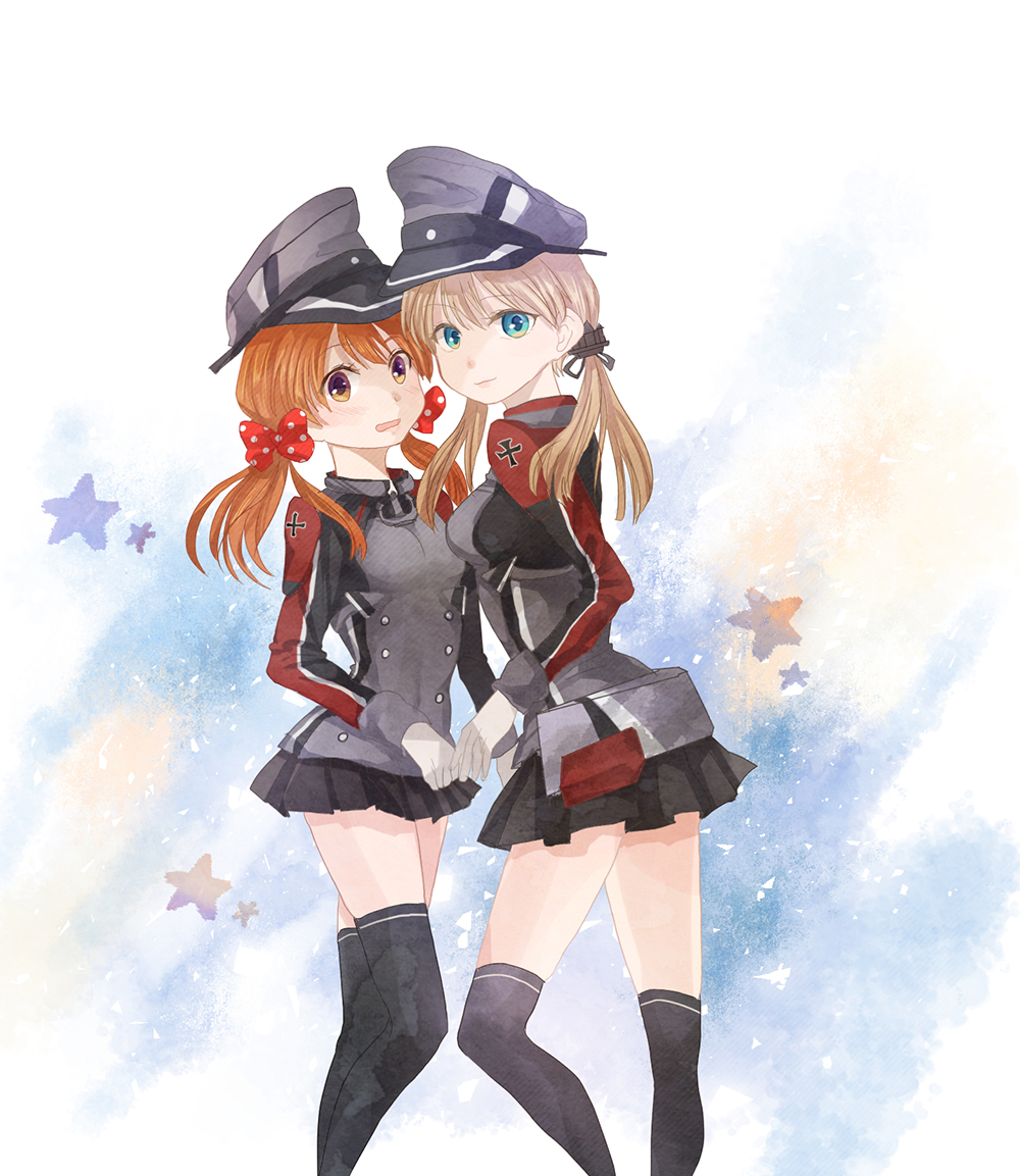 2girls alternate_eye_color black_socks blonde_hair blue_eyes bow cosplay crossover eny3240 gekkan_shoujo_nozaki-kun gloves hair_bow hat kantai_collection kneehighs low_twintails matching_outfits multiple_girls orange_hair ozawa_ari peaked_cap pleated_skirt polka_dot polka_dot_bow prinz_eugen_(kancolle) prinz_eugen_(kancolle)_(cosplay) sakura_chiyo skirt smile socks thighhighs twintails voice_actor_connection white_gloves yellow_eyes