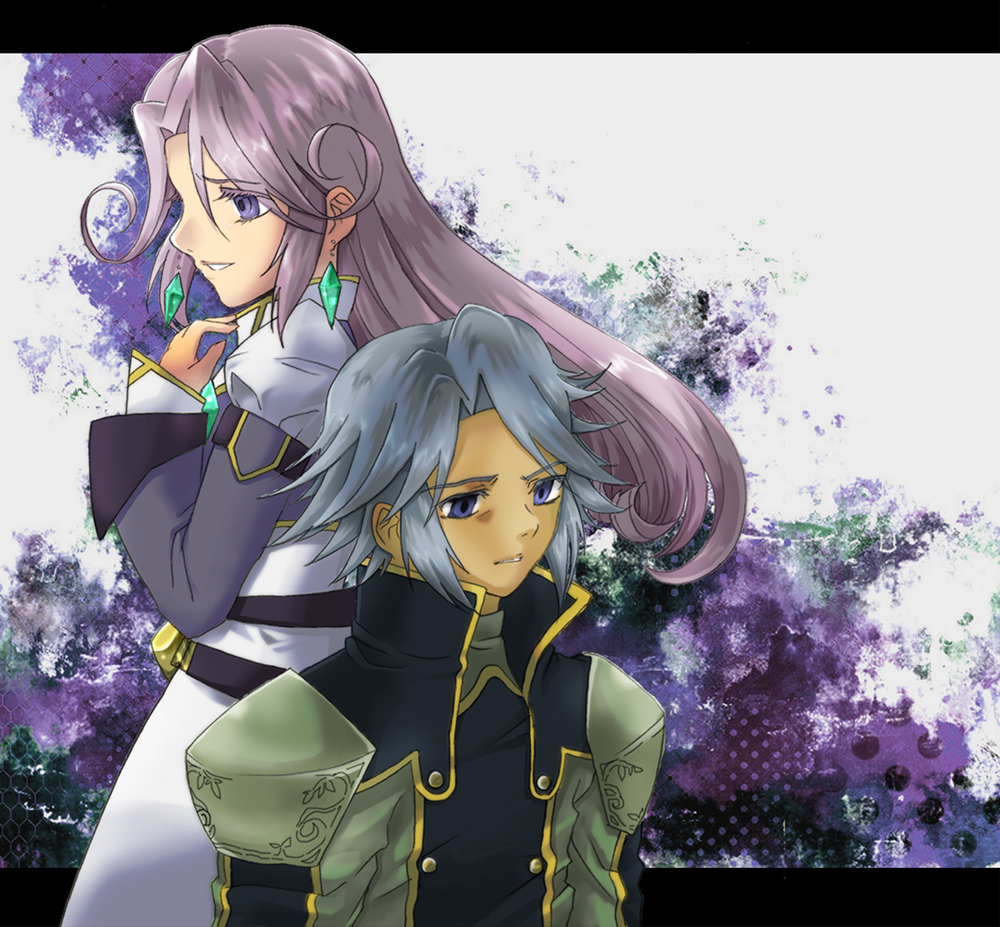 1boy 1girl belt coat dios_(tales) dress earrings grey_hair jewelry long_hair meltia_(tales) purple_eyes purple_hair short_hair tales_of_(series) tales_of_phantasia:_narikiri_dungeon tales_of_phantasia:_narikiri_dungeon_x