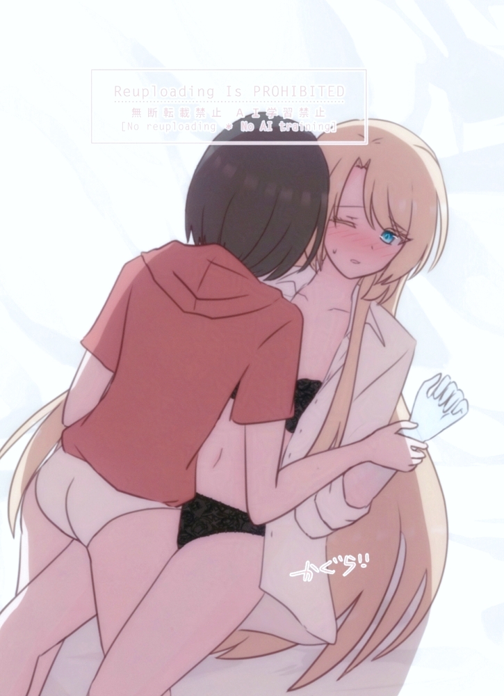 2girls black_bra black_panties blonde_hair blue_eyes blush bra brown_hair commentary_request holding_another&#039;s_wrist hood hoodie kamikoshi_sorawo kgr_1622 leg_between_thighs long_hair multiple_girls nishina_toriko one_eye_closed panties parted_lips red_hoodie shirt short_hair simple_background transparent_hand underwear urasekai_picnic watermark white_background white_panties white_shirt yuri
