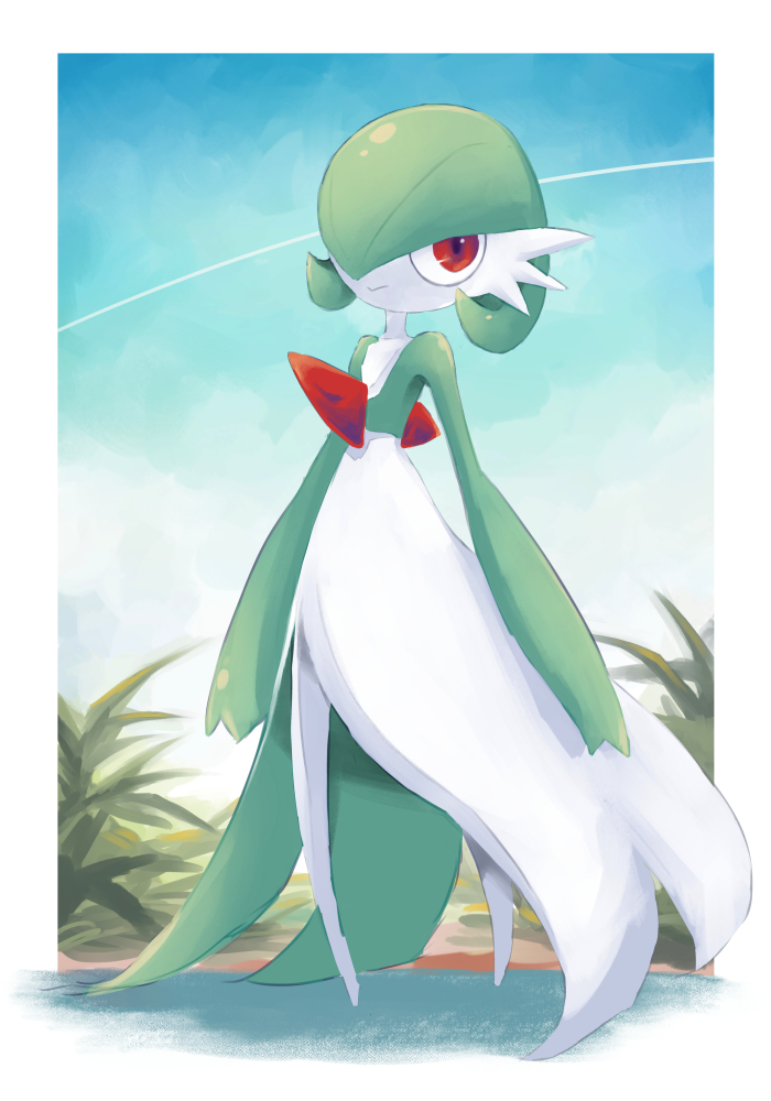 blue_sky colored_skin dmt_(auburn) dress gardevoir gen_3_pokemon grass green_hair green_skin hair_over_one_eye looking_at_viewer multicolored_skin nintendo outdoors pokemon pokemon_(creature) red_eyes sky two-tone_skin white_dress white_skin