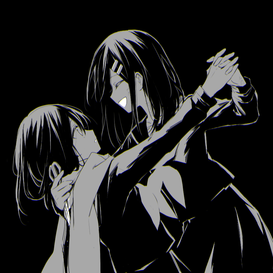 2girls aaniko black_background clone closed_eyes commentary_request cowboy_shot dark expressionless facing_another greyscale hair_ornament hairclip holding holding_hands holding_scissors interlocked_fingers kagerou_project long_hair long_sleeves looking_at_another monochrome multiple_girls neckerchief open_mouth parted_lips sailor_collar scarf school_uniform scissors serafuku simple_background skirt smile tateyama_ayano