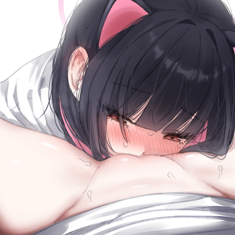 2girls airi_(blue_archive) animal_ears black_hair blue_archive blush bottomless cat_ears colored_inner_hair cunnilingus extra_ears face_in_crotch halo kazusa_(blue_archive) looking_at_viewer multicolored_hair multiple_girls nose_blush oral pingpangpongpang pink_hair pussy short_hair smelling smelling_pussy sweat yuri