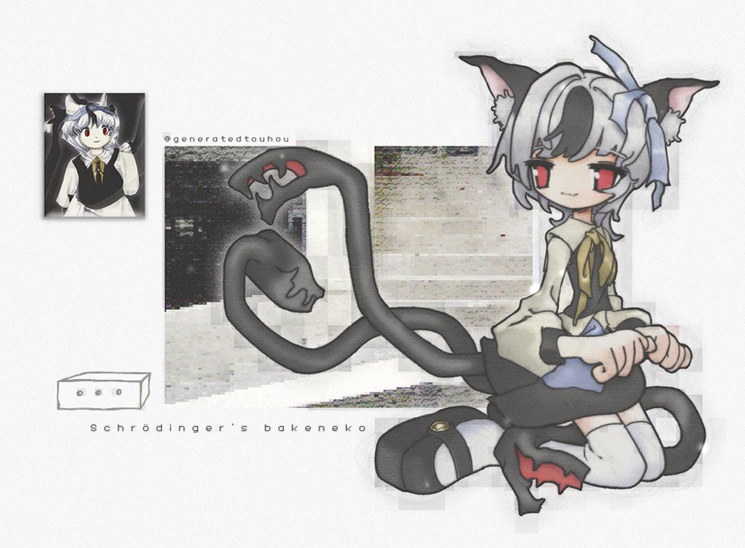 1girl ai-assisted ai-generated_art_(topic) ai-generated_touhou animal_ears black_skirt black_vest cat_ears cat_girl cat_tail collared_shirt english_text grey_hair ha4to kneeling long_sleeves mary_janes multiple_tails original red_eyes shirt shoes short_hair skirt solo tail tail_mouth thighhighs touhou vest white_thighhighs