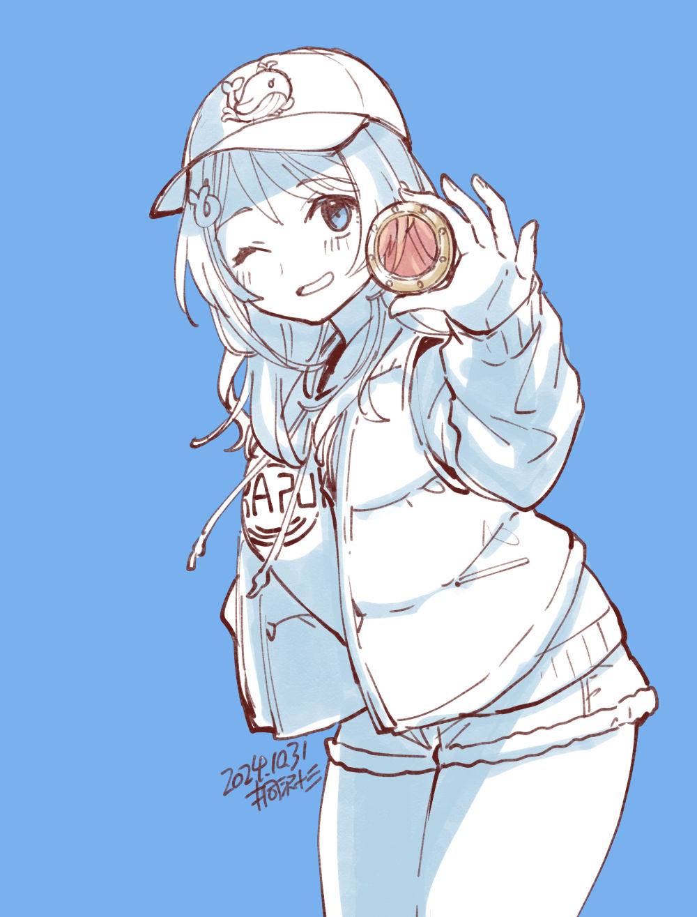 1girl artist_name badge baseball_cap blue_background chougei_(kancolle) chougei_(kure)_(kancolle) cutoffs dated grin hair_down hat highres hood hooded_jacket jacket kantai_collection kirisawa_juuzou monochrome official_alternate_costume official_alternate_hairstyle one_eye_closed short_shorts shorts smile solo spot_color