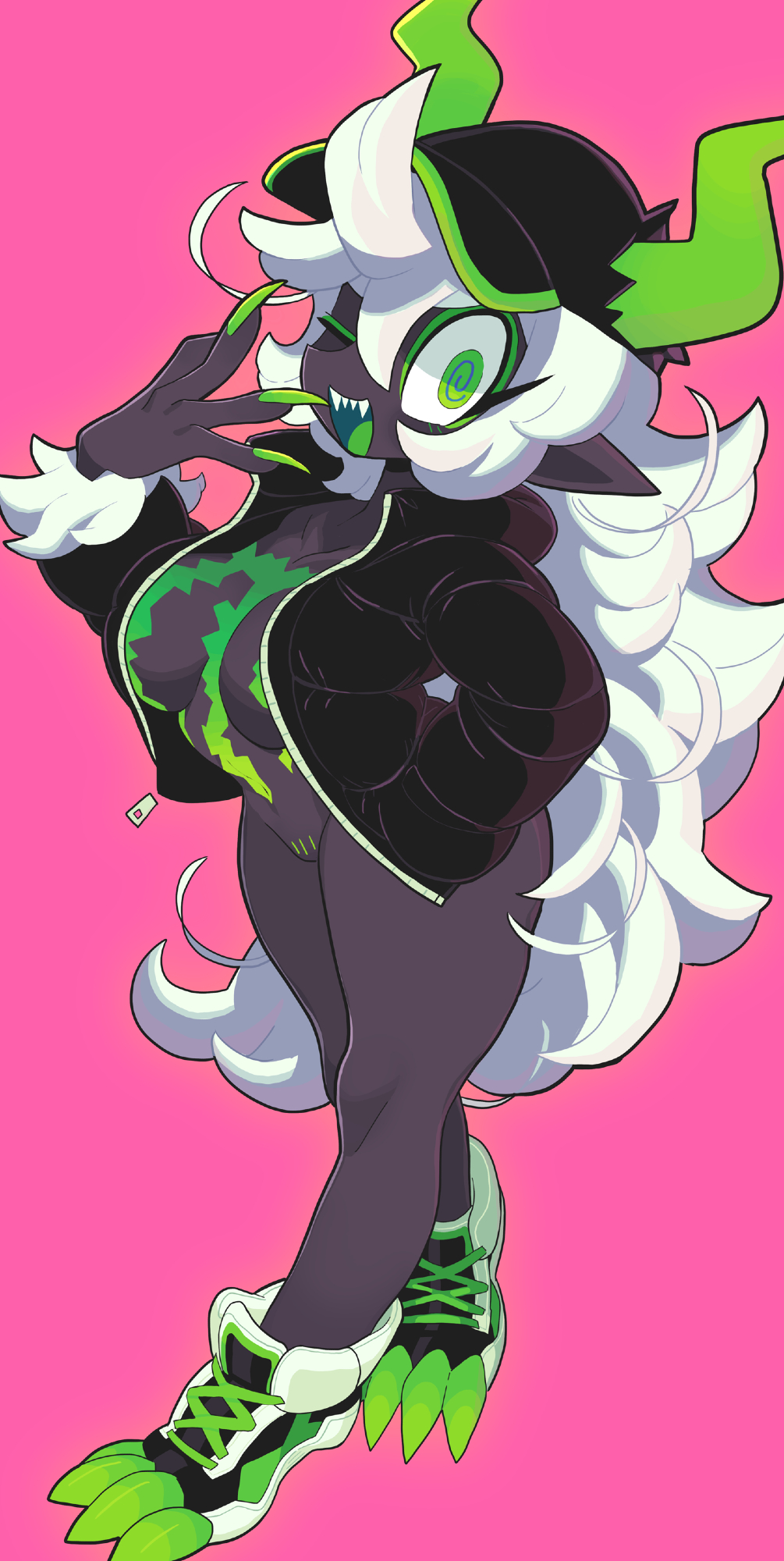 1girl black_jacket black_skin breasts colored_skin colored_tongue fangs female_pubic_hair fingernails gashi-gashi green_eyes green_nails green_tongue hat highres horns horns_through_headwear jacket large_breasts long_fingernails long_hair looking_at_viewer monster_energy-chan naked_jacket one_eye_closed open_clothes open_jacket open_mouth original pink_background product_girl pubic_hair sharp_teeth simple_background solo teeth very_long_hair