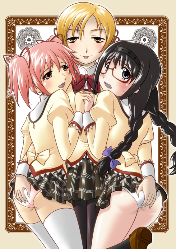 10s 3girls akemi_homura ass ass_grab black_hair blonde_hair blush drill_hair hairband harada_shoutarou harashow_llcorp kaname_madoka long_hair mahou_shoujo_madoka_magica mahou_shoujo_madoka_magica_(anime) multiple_girls pantyhose pink_eyes pink_hair purple_eyes school_uniform short_hair thighhighs tomoe_mami twin_drills twintails yuri