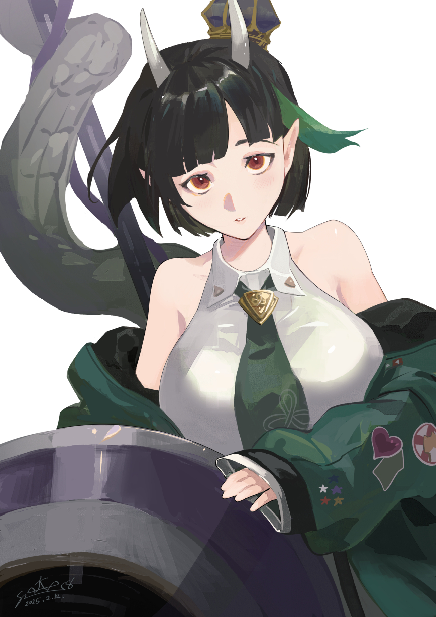 1girl bare_shoulders biscione_(fate) biscione_(second_ascension)_(fate) black_hair breasts collared_dress crown dragon_girl dragon_tail dress fate/grand_order fate_(series) green_jacket highres horns jacket large_breasts long_sleeves looking_at_viewer mini_crown multicolored_hair necktie off_shoulder parted_lips pointy_ears polearm red_eyes shield short_hair solo spear streaked_hair tail weapon white_dress yatsushiro_(8246428)