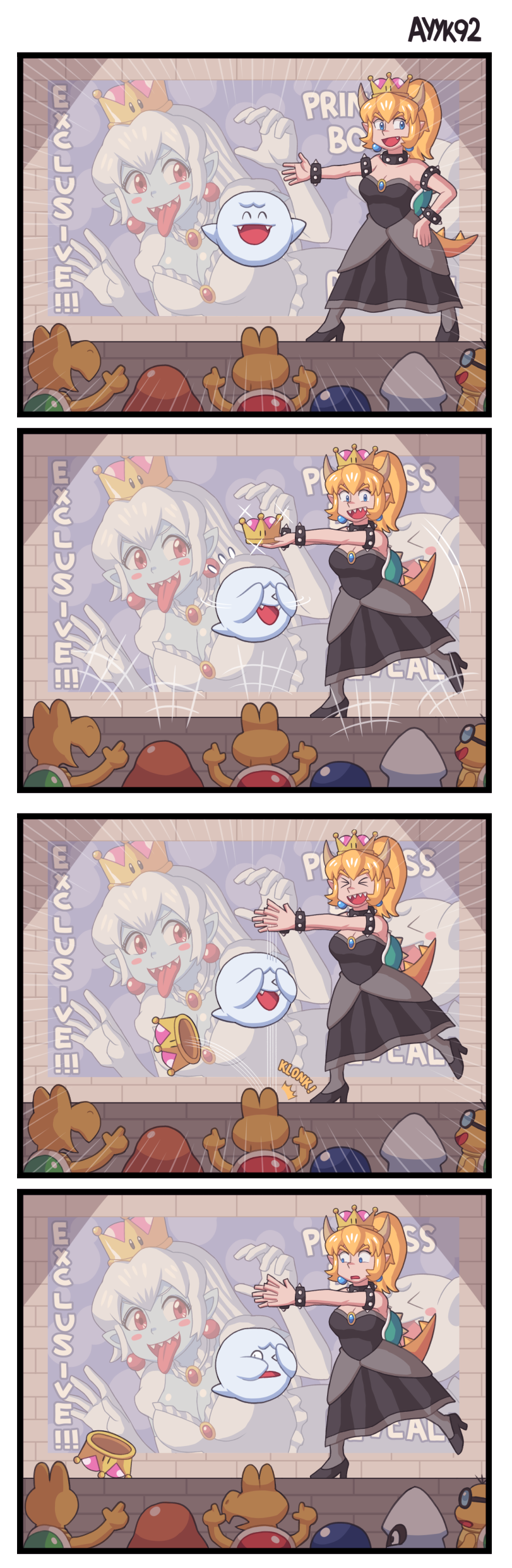 4koma absurdres armlet ayyk92 black_collar black_nails blooper_(mario) blue_gemstone boo_(mario) bowsette bracelet buzzy_beetle collar comic crown dress earrings english_text failure gem goomba highres horns jewelry koopa koopa_troopa lakitu mario_(series) nail_polish new_super_mario_bros._u_deluxe nintendo pantyhose princess_king_boo sharp_teeth spiked_armlet spiked_bracelet spiked_collar spiked_shell spiked_tail spikes strapless strapless_dress super_crown tail teeth turtle_shell