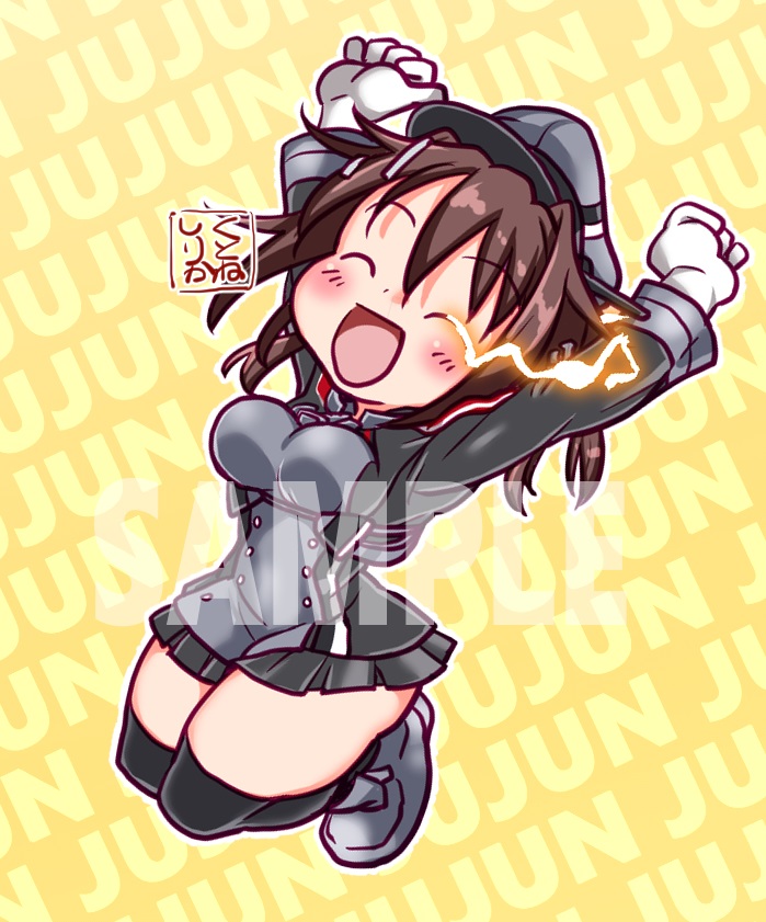 1girl anchor_ornament artist_logo black_skirt black_thighhighs brown_hair closed_eyes commentary_request cosplay full_body furutaka_(kancolle) gloves glowing glowing_eye grey_hat hat jumping kantai_collection kutone_shirika logo microskirt military_hat military_uniform open_mouth peaked_cap prinz_eugen_(kancolle) prinz_eugen_(kancolle)_(cosplay) sample_watermark short_hair skirt smile solo thighhighs watermark white_gloves yellow_background