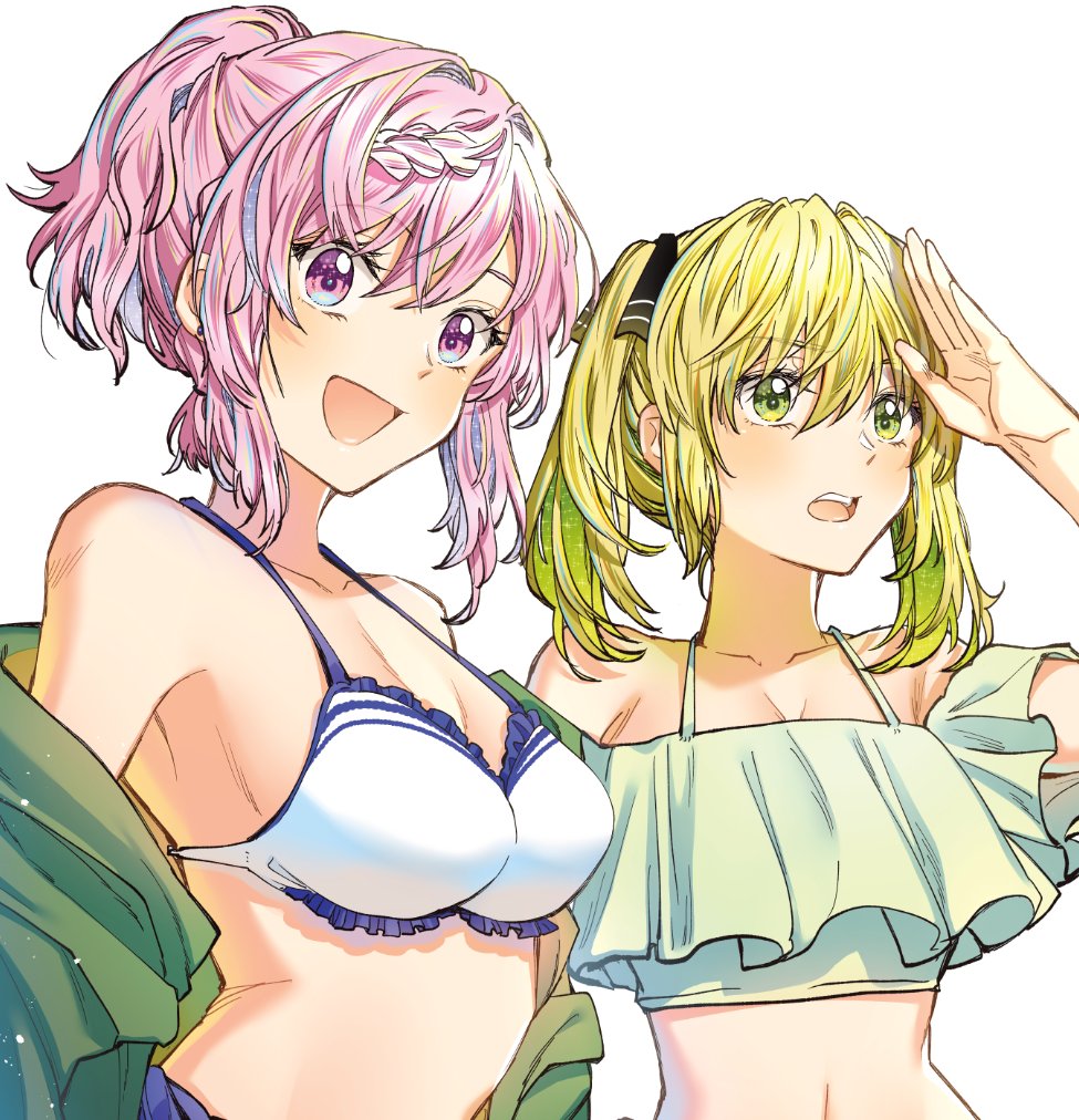 2girls bikini black_hair blonde_hair braid breasts cleavage collarbone colored_inner_hair frilled_bikini frills green_eyes green_jacket hair_behind_ear hair_between_eyes hair_intakes hair_ribbon hg_ni_koisuru_futari jacket kudou_makoto looking_at_viewer medium_breasts momoka_(hg_ni_koisuru_futari) multicolored_hair multiple_girls navel off_shoulder official_art open_mouth pink_hair ponytail purple_eyes purple_hair ribbon shading_eyes smile streaked_hair swimsuit tsubomi_(hg_ni_koisuru_futari) twintails upper_body white_background white_bikini