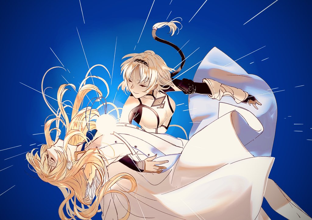 1boy 1girl arm_around_waist ascot black_gloves black_hairband blonde_hair blue_ascot blue_background buttons caenis_(fate) caenis_(first_ascension)_(fate) cape cleavage_cutout closed_eyes closed_mouth clothing_cutout dark-skinned_female dark_skin fate/grand_order fate_(series) feathers fingerless_gloves formal_clothes gloves glowing gold_trim hair_intakes hairband jacket kirschtaria_wodime light_smile long_hair long_sleeves outstretched_arm pants parody parted_bangs parted_lips ponytail profile sekai_wo_kakumei_suru_chikara_wo shoujo_kakumei_utena single_fingerless_glove single_vambrace suit urushimaru0701 vambraces white_cape white_feathers white_hair white_jacket white_pants white_suit