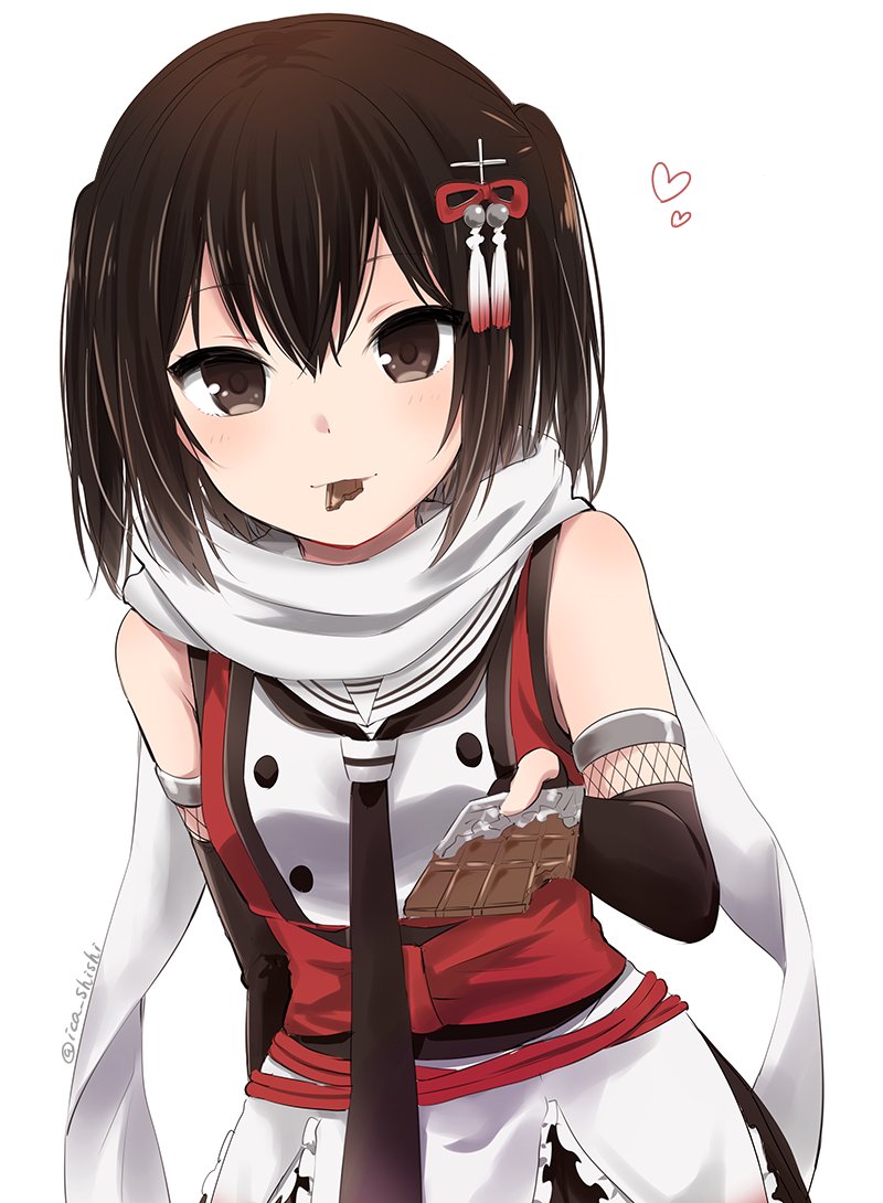 10s 1girl arm_behind_back black_gloves black_neckerchief blush brown_eyes brown_hair candy chocolate chocolate_bar closed_mouth cowboy_shot elbow_gloves eyebrows female_focus fingerless_gloves food food_in_mouth gloves hair_ornament heart holding holding_food ica kantai_collection looking_at_viewer mouth_hold neckerchief scarf school_uniform sendai_(kancolle) sendai_kai_ni_(kancolle) serafuku simple_background sleeveless solo twitter_username two_side_up white_background white_scarf