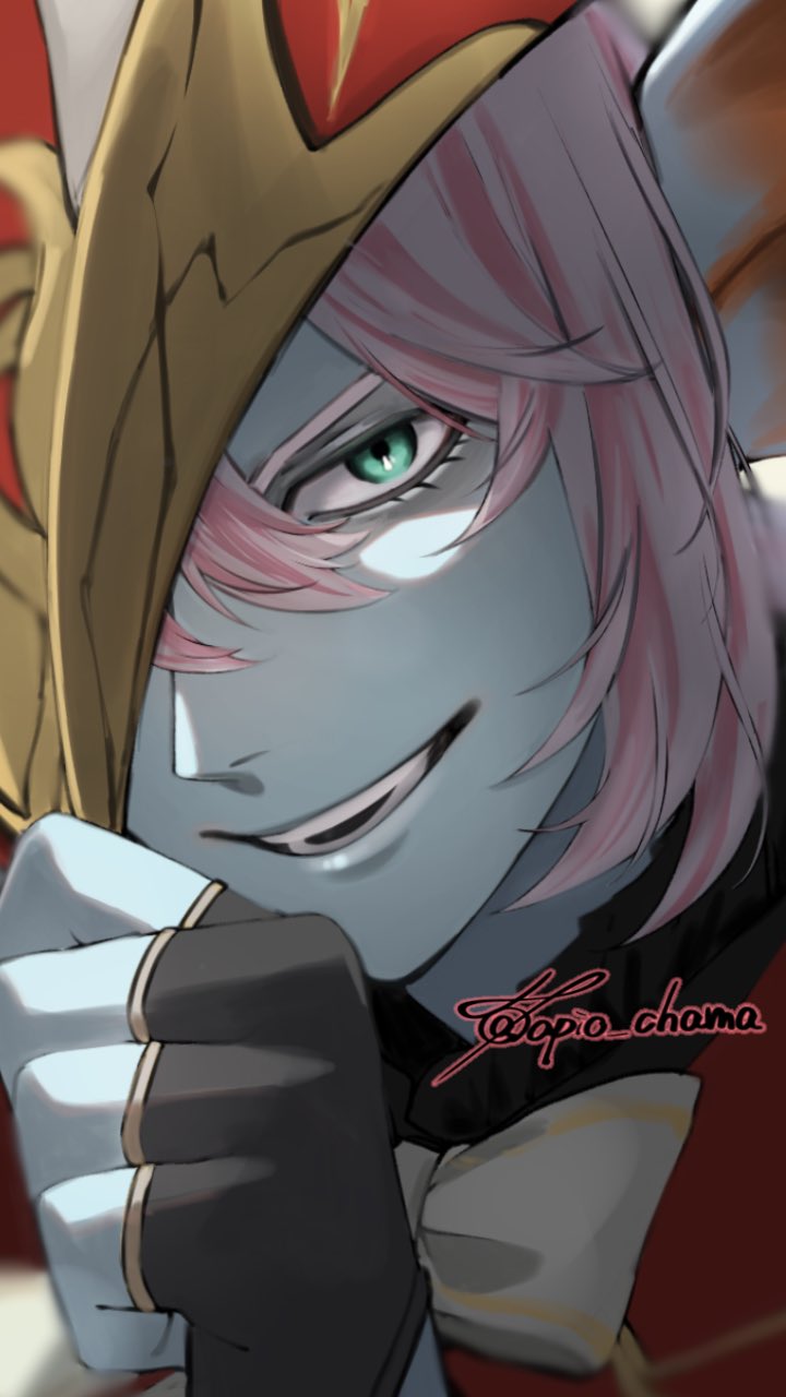 1boy apio_chama aqua_eyes aqua_skin black_gloves bow bowtie colored_skin commentary_request dragon_quest dragon_quest_x fingerless_gloves fins fish_boy gloves gold_trim hat hat_tip head_fins highres looking_at_viewer male_focus multicolored_hair one_eye_covered open_mouth pink_hair red_hat short_hair signature smile solo teeth twitter_username upper_body weddie_(dq10) white_bow white_bowtie white_hair