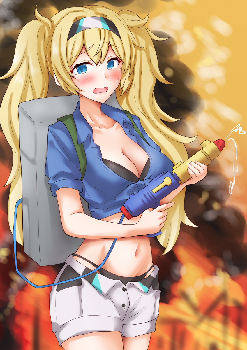 1girl anti_(untea9) backpack bag bikini bikini_under_clothes black_bikini blonde_hair blue_eyes blue_shirt breasts dress_shirt fire gambier_bay_(kancolle) gambier_bay_(summer)_(kancolle) hairband highres kantai_collection large_breasts long_hair looking_at_viewer multicolored_hairband open_mouth shirt shorts solo swimsuit tied_shirt twintails water_gun white_shorts