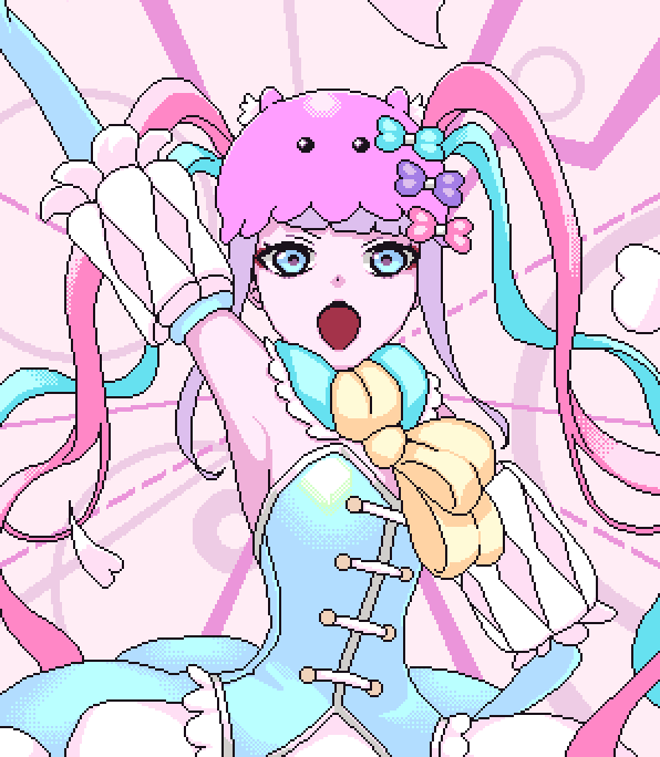 1girl armpits bare_shoulders blue_eyes blue_hair bow chouzetsusaikawa_tenshi-chan cosplay curly_hair dress eencya hair_bow hair_ornament mawaru_penguindrum multicolored_hair needy_girl_overdose official_art pink_background pink_hair pixel_art princess_of_the_crystal princess_of_the_crystal_(cosplay) puffy_sleeves second-party_source simple_background solo