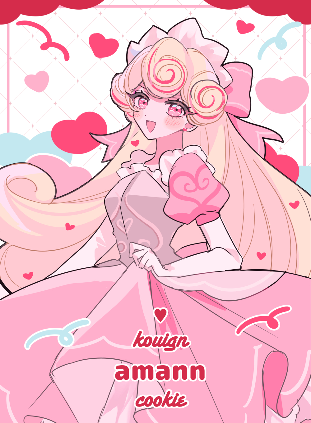 1girl blonde_hair character_name colored_eyelashes cookie_run cookie_run:_kingdom dress happy heart highres humanization kouign-amann_cookie long_hair looking_at_viewer mamimumemo multicolored_hair open_mouth personification pink_dress pink_eyes pink_hair smile solo