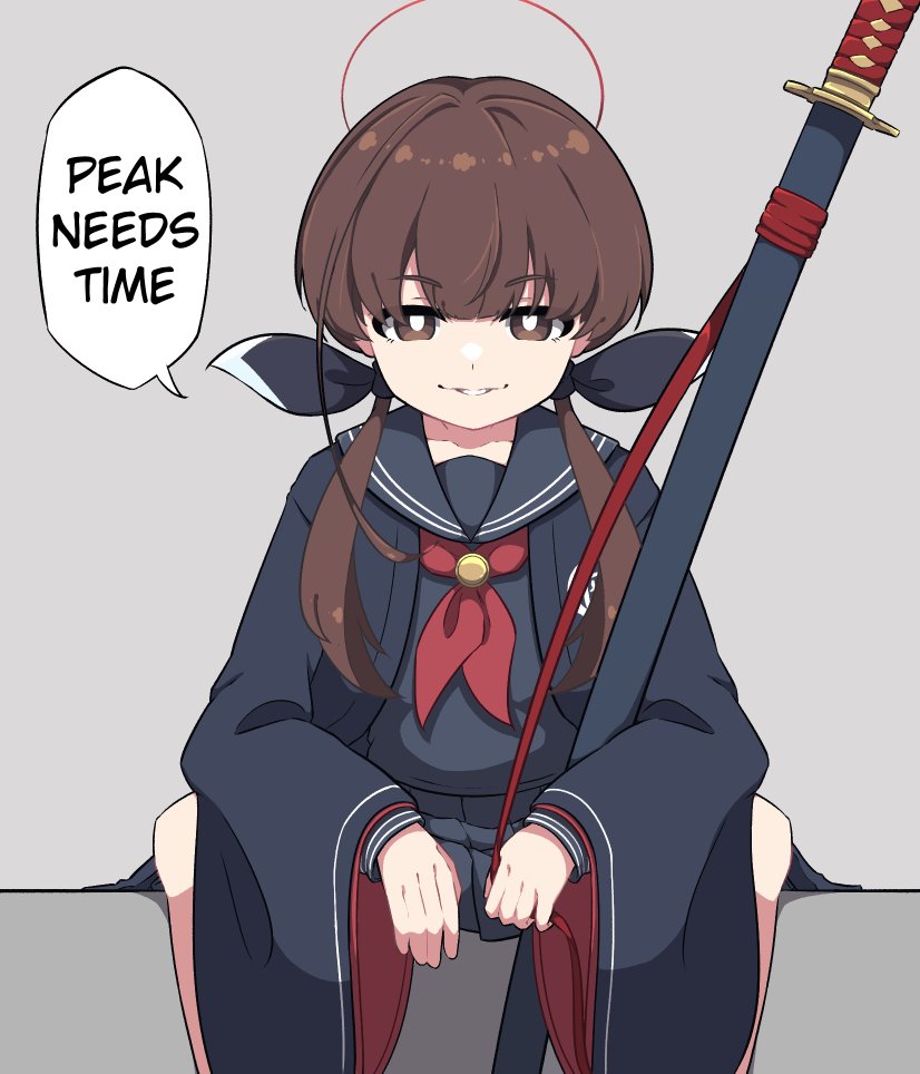 1girl black_coat black_shirt black_skirt bow bright_pupils brown_eyes brown_hair coat commentary english_commentary english_text feet_out_of_frame grey_background hair_bow halo katana kurotategami looking_at_viewer low_twintails neckerchief ohitome_kohane ootachi parted_lips project_kv red_neckerchief sailor_collar shirt sitting skirt solo speech_bubble straight-on sword twintails weapon white_pupils