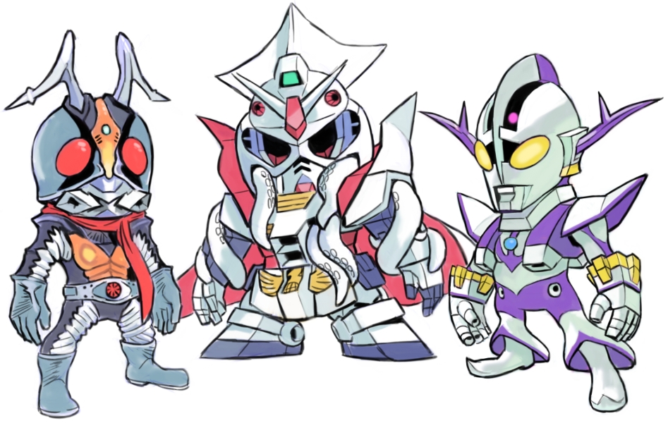 aburaya_tonbi alien chibi compati_hero crossover fusion gundam ikadevil kamen_rider kamen_rider_(1st_series) kamen_rider_1 looking_at_viewer mecha mobile_suit_gundam multiple_crossover open_hands red_eyes robot rx-78-2_gundam science_fiction tokusatsu ultra_series ultraman ultraman_(1st_series) white_background zeong zetton