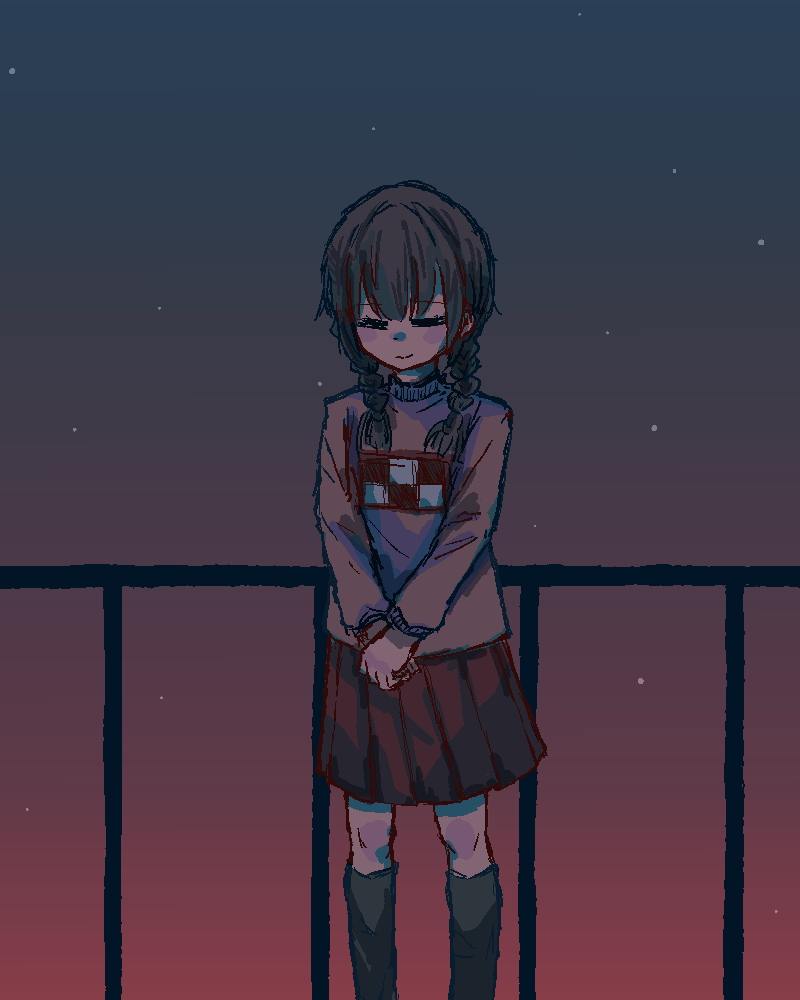 1girl black_hair black_socks blush_stickers braid closed_eyes closed_mouth feet_out_of_frame fence iron_fence kneehighs long_sleeves low_twin_braids madotsuki memorain night night_sky oekaki outdoors own_hands_together pink_sweater red_skirt skirt sky socks solo star_(sky) starry_sky sweater twin_braids v_arms yume_nikki