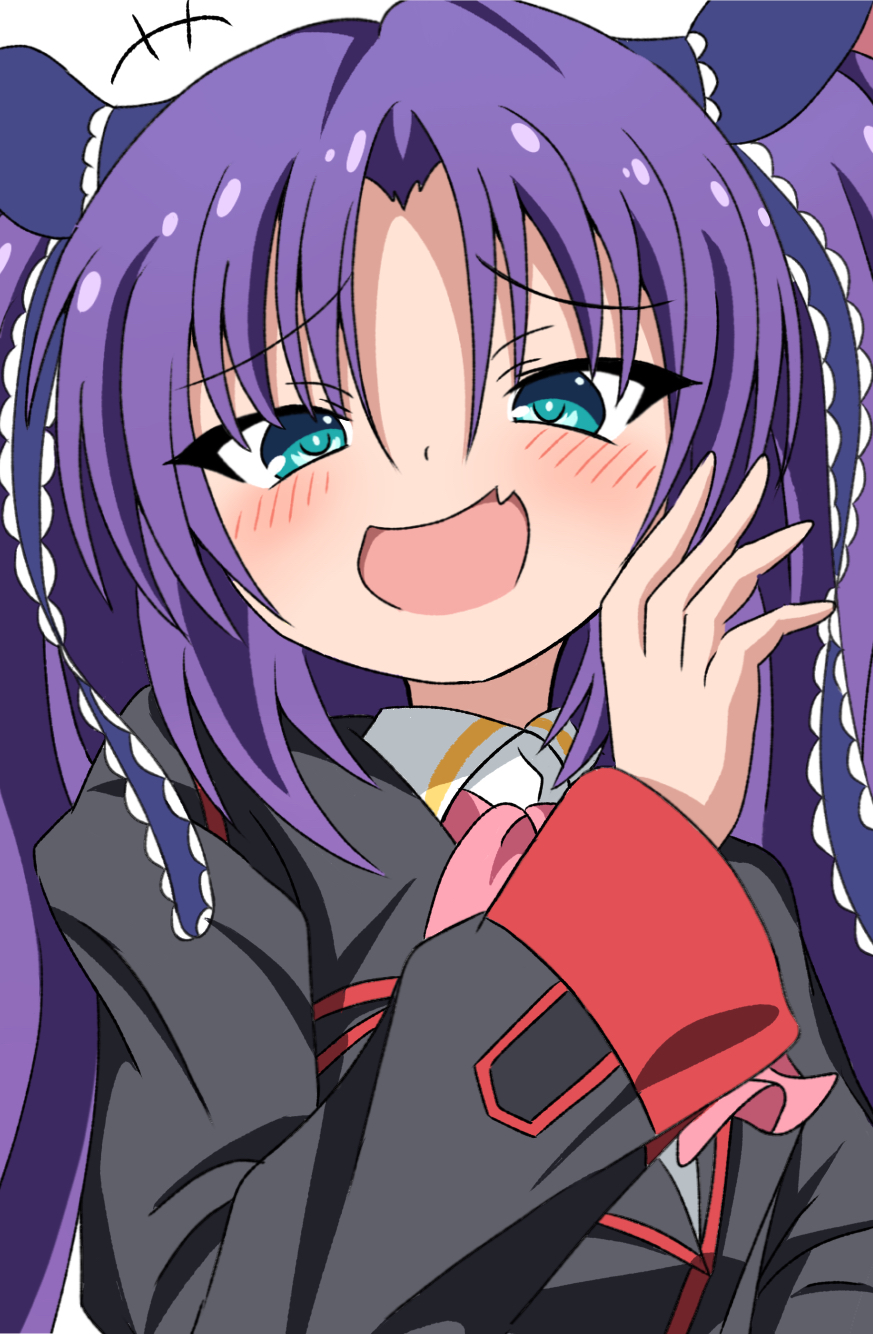 +++ 1girl :d aqua_eyes black_jacket blue_ribbon blush commentary fang frilled_ribbon frills hand_up highres jacket laughing little_busters! little_busters!_school_uniform long_hair long_ribbon long_sleeves looking_at_viewer ojou-sama_pose open_mouth parted_bangs purple_hair ribbon sasasegawa_sasami school_uniform silky_(silky_illust) simple_background skin_fang smile smirk solo tsurime upper_body white_background