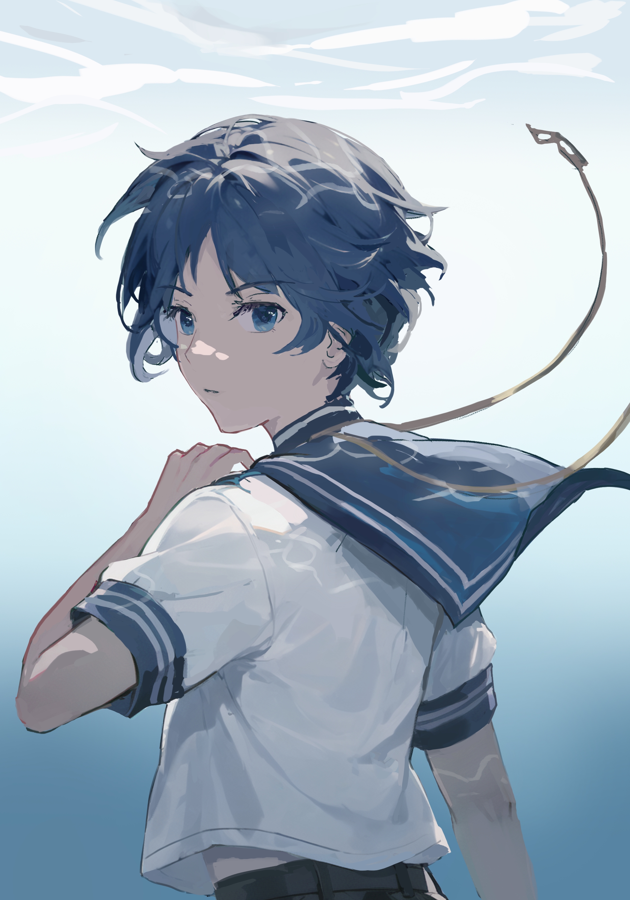 1boy absurdres arm_up black_shorts blue_eyes blue_hair blue_sailor_collar genshin_impact highres kongmingbubu looking_at_viewer male_focus sailor_collar scaramouche_(genshin_impact) school_uniform serafuku shirt short_sleeves shorts solo underwater upper_body wanderer_(genshin_impact) white_shirt