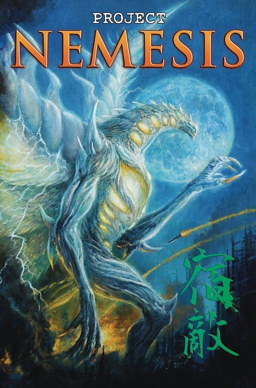 bob_eggleton electricity explosion fire forest full_moon giant giant_monster glowing kaiju missile monster moon nature nemesis_(project_nemesis) night official_art project_nemesis project_nemesis_(series) promotional_art smoke text_focus wings