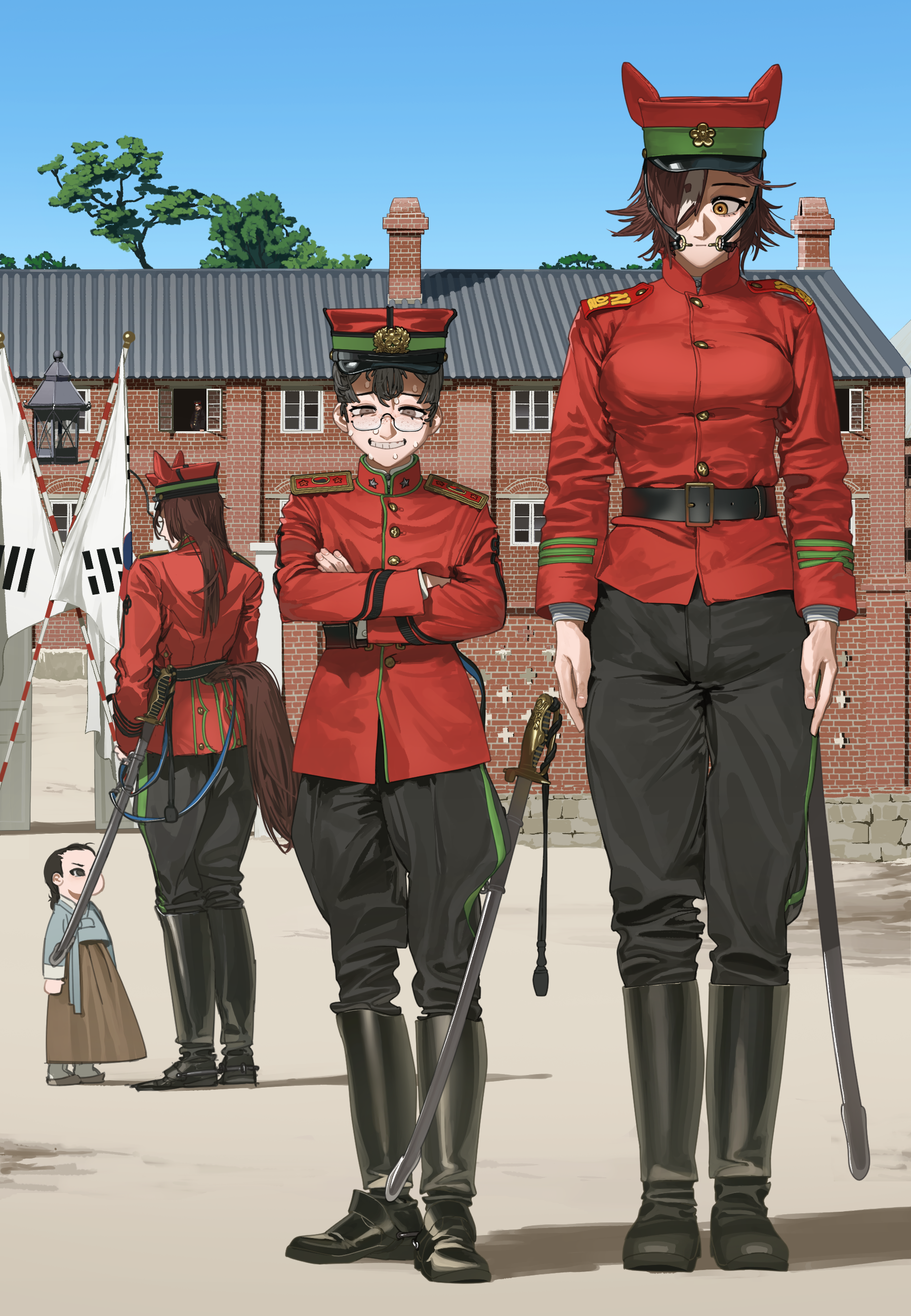 1other 4girls absurdres animal_ears belt black-framed_eyewear black_belt black_boots black_hair black_pants boots breasts bridle brown_eyes brown_hair building buttons cavalry cavalry_sword child closed_mouth commentary commentary_request crossed_arms english_commentary fingernails freckles glasses green_trim hair_between_eyes hair_over_one_eye hat height height_difference highres horse_ears horse_girl horse_tail imperial_korean_army imperial_korean_flag jacket kepi korea korean_commentary korean_empire long_hair long_sleeves looking_at_another looking_at_viewer military military_hat military_rank_insignia military_uniform mixed-language_commentary multicolored_hair multiple_girls pants pzkpfwi red_jacket rose_of_sharon round_eyewear saber_(weapon) semi-rimless_eyewear shadow sheath shirt short_hair shoulder_boards smile spurs standing standing_at_attention star_(symbol) sweat sweatdrop sword tail tall_female teeth tree umamusume under-rim_eyewear vodka_(umamusume) weapon white_hair white_shirt yellow_eyes yin_yang