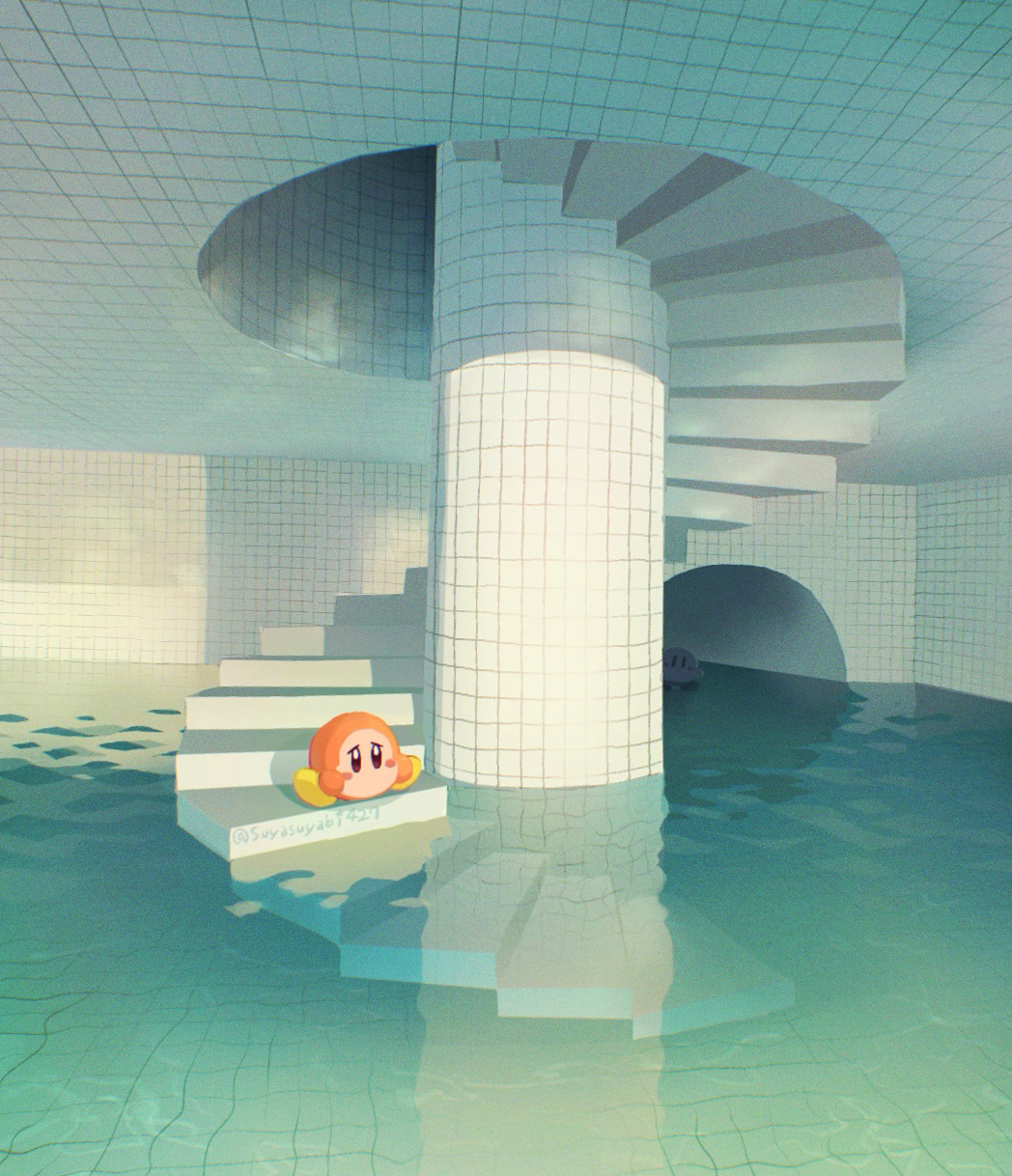 backrooms_(creepypasta) highres indoors kirby kirby_(series) liminal_space nintendo no_humans pool sitting sitting_on_stairs spiral_staircase stairs suyasuyabi tile_wall tiles waddle_dee water