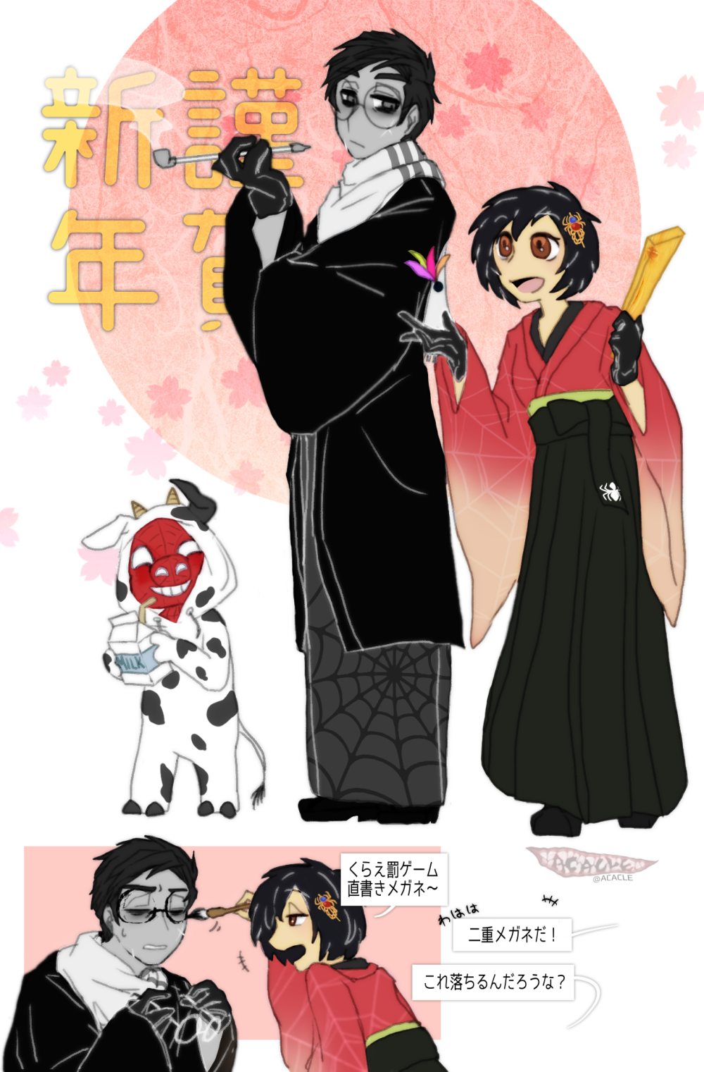 1boy 1girl acacle animal_costume black_gloves black_hair black_kimono brown_eyes calligraphy_brush cow_costume full_body glasses gloves hanetsuki highres holding holding_smoking_pipe japanese_clothes kimono kiseru marvel open_mouth paintbrush peni_parker red_kimono round_eyewear short_hair smile smoking_pipe spider-ham spider-man:_into_the_spider-verse spider-man_(series) spider-man_noir spider-verse spider_web_print standing